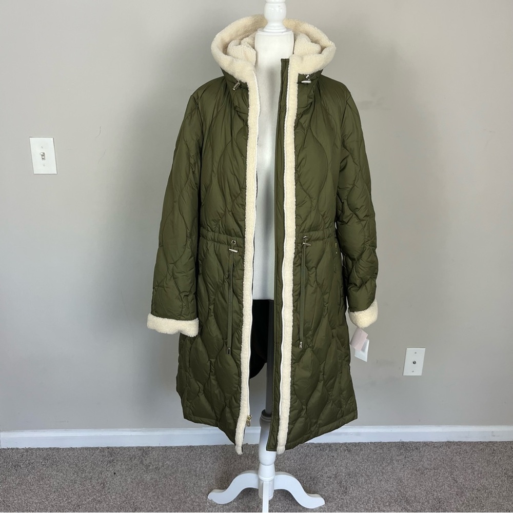 NWT KATE SPADE FAUX SHEARLING TRIM DOWN AND FEATHER FILL LONG COAT OLIVE SIZE XL - Picture 10 of 16